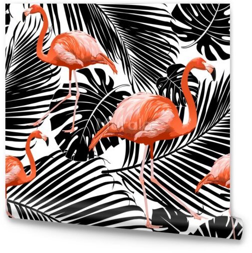 Tapeta Flamingi i Czarne Egzotyczne Liście